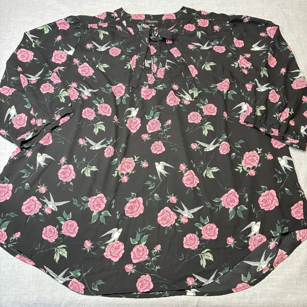 Torrid Georgette Bow Tie Blouse Plus 3X Size 3 Black Pink Floral Roses Bird Top